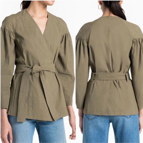A.L.C. Jackets & Blazers - ALC Kendrick Blazer Jacket Womens 4 Green Belted Puff Sleeve Linen Blend Minimal